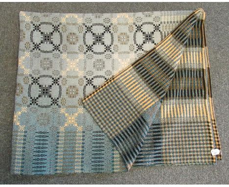 Vintage woollen Welsh tapestry blue ground blanket. (B.P. 21% + VAT)Pale blue side faded and has one small pale stain. Genera