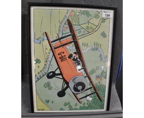 After Herge, (Tin tin), biplane over a landscape, coloured print. 37 x 26cm approx. Framed and glazed.(B.P. 21% + VAT) 