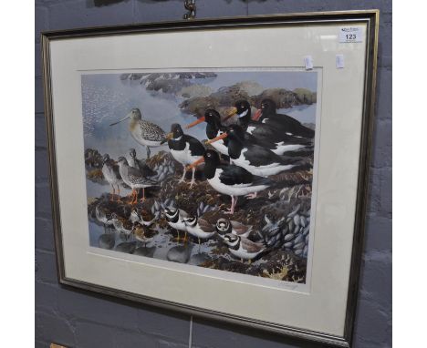 After Charles Frederick Tunnicliffe, oyster catchers and other wading birds on a rocky shore, a limited edition coloured prin