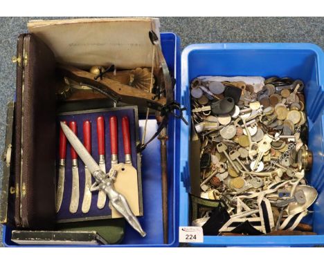 Two boxes of oddments to include coins, keys, USA military badges, British military badges, small crossbow, folding map publi