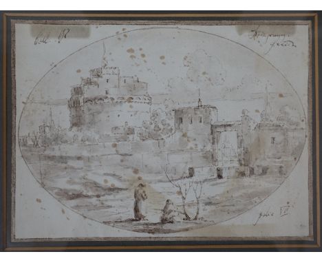 A framed and glazed early 18th Century Old Master pen and wash study of a castle with figures in the foreground. Indistict sc
