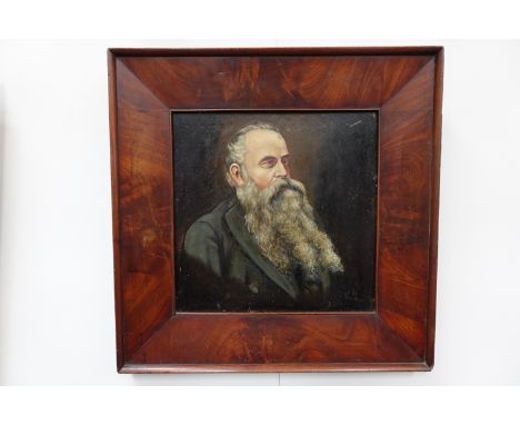 A 19th Century flame mahogany framed oil on board portrait of bearded gentleman, unsigned, 41cm x 41cm