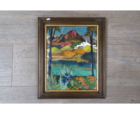 BERYL TURPIN (XX): A framed enamel on copper panel of a town in landscape, mountains beyond. Labelled verso, 28.5cm x 22.5cm