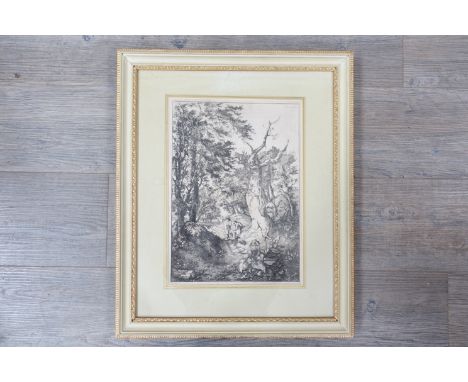 JOHN CROME (1768-1821): Figures on a woodland path. Black and white etching. 36cm x 26cm