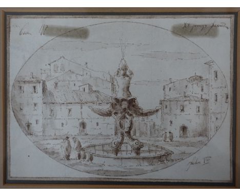 A framed and glazed early 18th Century Old Master pen and wash study of a fountain in a market square. Indistinct script in c