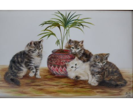 BESSIE BAMBER (fl 1900-1910) An oil on white ceramic panel of four kittens with ptted plant.  Monogram bottom right and dated