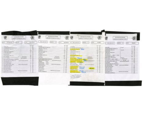A collection of four typed sheets each containing a set list from various concerts during The Rolling Stones Bridges To Babyl