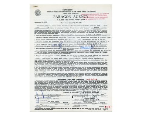 An original Paragon Agency performance contract dated the 3rd April 1975 between Bill Graham/FM Productions and Ronnie Van Za