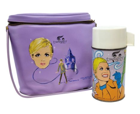 An original 1967 Twiggy lunch bag and thermos produced by Aladdin Enterprises, Tennessee, USA. The purple vinyl lunch bag fea