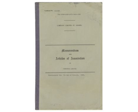 A Memorandum and Articles of Association for Yessongs Limited which was incorporated on the 7th January 1969. Both items are 