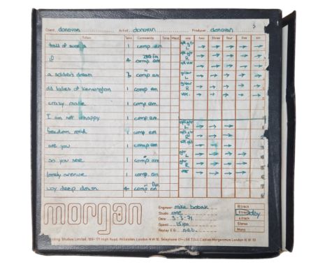 An original Scotch magnetic reel to reel tape containing various songs recorded by Donovan in March 1971. The tape is housed 