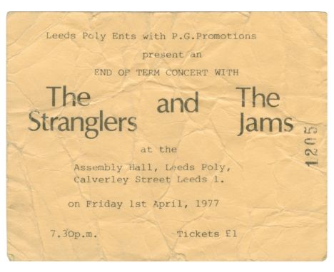 An original concert ticket for The Stranglers and The Jam performances at Leeds Polytechnic on the 1st April 1977. It is numb