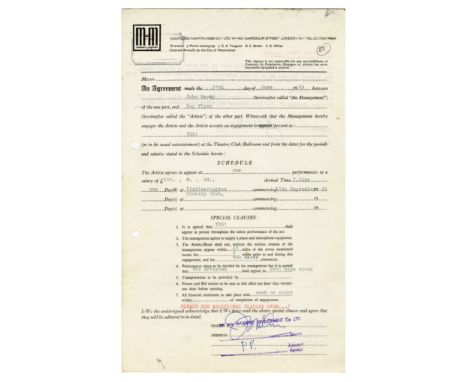 An original Marquee Martin Agency Ltd contract between John Macoy and Roy Flynn dated the 27th June 1969 for a performance by
