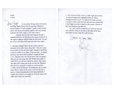 A typed letter dated the 13th June 1995 which was sent by Elvis Costello to Beatles sound engineer, Geoff Emerick. Elvis has 