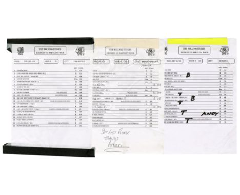 A collection of three typed sheets bearing the set lists for dates during The Rolling Stones Bridges To Babylon tour. Include