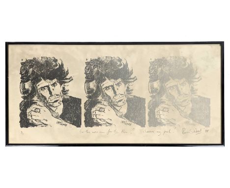 A limited edition lithograph of Keith Richards drawn by Ronnie Wood. It is numbered 3/15 and has been signed by Ronnie in pen