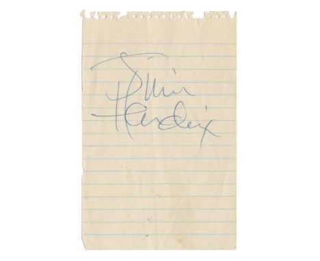 A small lined sheet of paper which has been signed by Jimi Hendrix in blue ballpoint pen.
The paper measures 6.2cm x 9.5cm (2