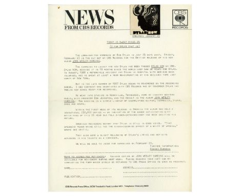 An original press release issued by CBS Records to promote the release of the Bob Dylan album ‘John Wesley Harding’ in the UK