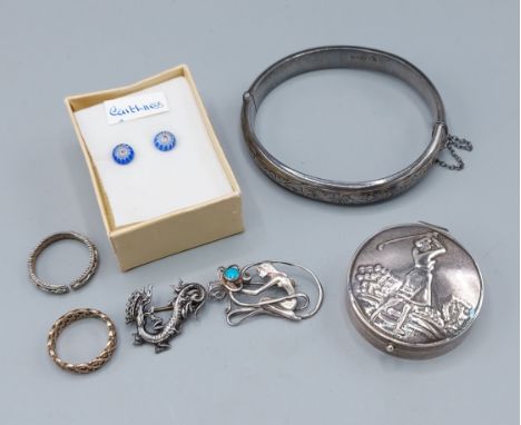 A 9ct gold dress ring together with a silver bangle, a silver pill box, two brooches, a pair of earstuds and a silver dress r