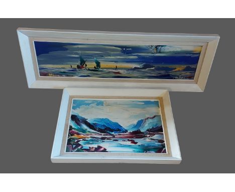 George Richard Deakins, seascape with boats, signed, 23cms x 100cms together with another similar by the same artist, A colou