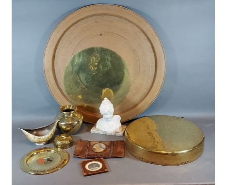 An Alabaster bust of a boy with scarf together with a Kashmir bowl and various metal wares 