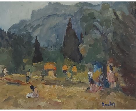 Ronald Ossory Dunlop, figures in a landscape, oil on canvas, sogned, 34cms x 45cms 