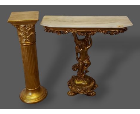 A French gilded console table with a marble top above a figural column together with a gilded Torchere 