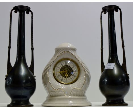 PAIR OF DUTCH ART NOUVEAU STYLE VASES & CERAMIC MANTLE CLOCK     