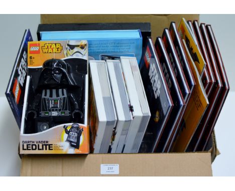 BOX WITH VARIOUS LEGO BOOKS, NINJAGO ANNUALS, DARTH VADER LED LIGHT ETC     