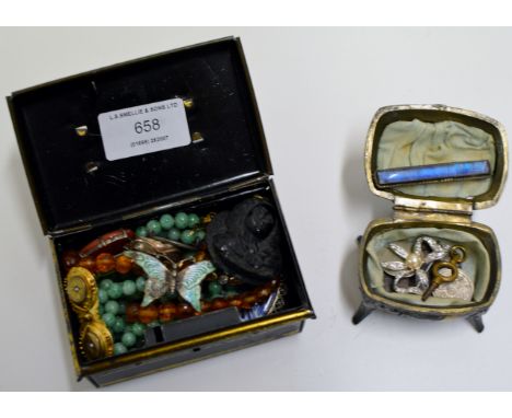 BOX WITH VARIOUS OLD JEWELLERY, VICTORIAN BROOCH, ENAMEL BUTTERFLY BROOCH ETC & SMALL BOX WITH QUANTITY COINAGE, POCKET WATCH