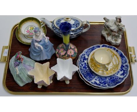 TRAY CONTAINING ROYAL DOULTON FIGURINE "DELICIA" HN1681 (DAMAGED), ROYAL WORCESTER POSY VASES, COALPORT FIGURINE, CUP & SAUCE