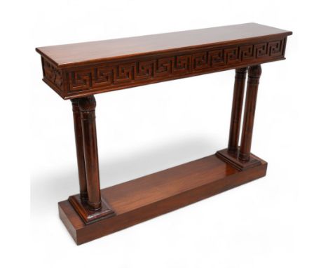 Neoclassical design mahogany console table, rectangular top over Greek key carved frieze with foliate carved back and sides, 