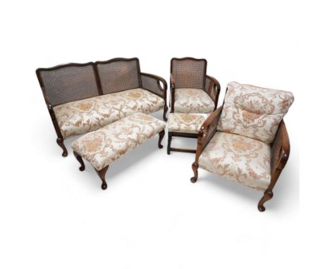 Early 20th century bergere lounge suite - two-seat sofa (W140cm, H80cm, D72cm); and pair of armchairs (W64cm); together with 