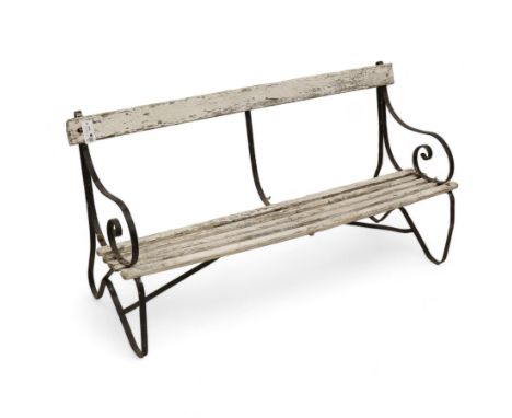 Early 20th century metal strapwork and wooden slatted bench, scrolled strapwork bench ends with painted wooden slats Dimensio