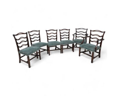 Set of six (4+2) Chippendale Revival stained beech dining chairs, pierced waived ladder backs with over-stuffed seats, on squ