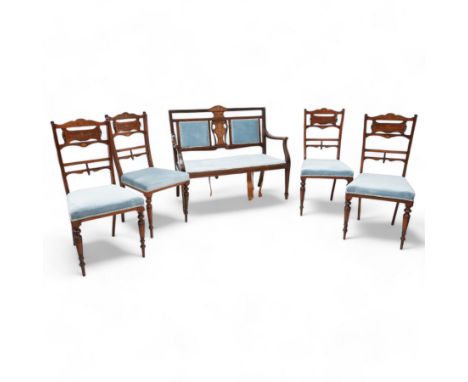 Edwardian inlaid mahogany and rosewood salon suite - two-seat sofa (W112cm, H90cm, D60cm); set of four side chairs (W44cm, H9