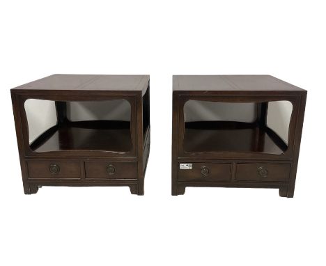 Pair of Chinese 20th century lacquered hardwood two-tier lamp tables, fitted with two drawers to baseDimensions: Height:&nbsp
