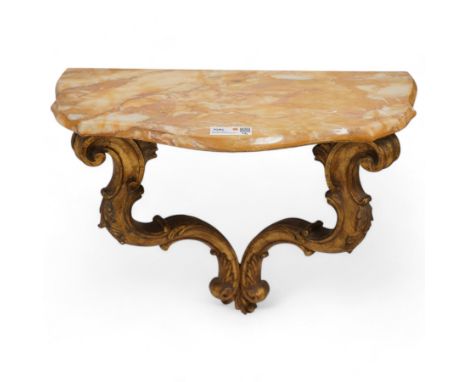 20th century wall hanging side or console table, shaped variegated orange marble top on gilt base, S-scroll design and decora