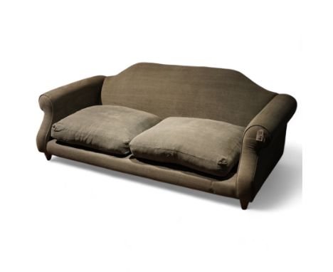 Loaf - grande traditional shape three two sofa, shaped back over rolled arms, upholstered in stone-grey fabric, on turned oak