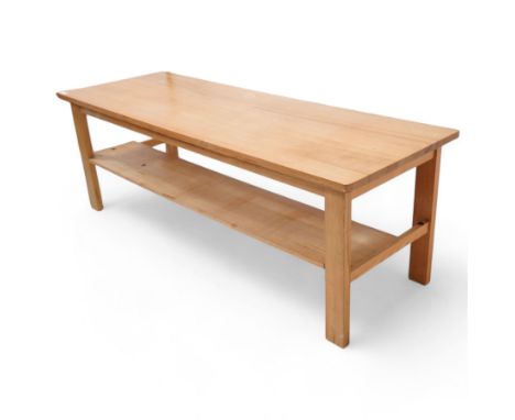 Treske - light elm refectory table, rectangular top over rectangular block supports united by under tier Dimensions: Height:&