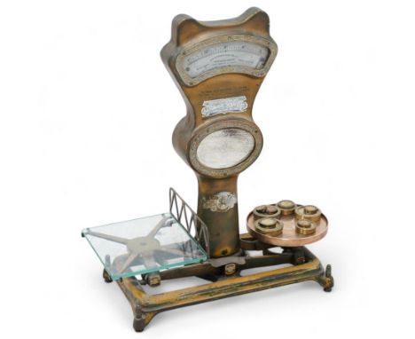 The Automatic Scale Company - early 20th century brass shop scales, with glass plate and brass weightsDimensions:  Height: 71