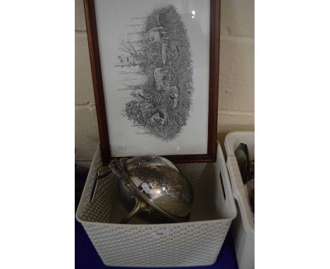 An EPNS warming pan, storage box a print of fox cubs