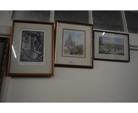 Garden Door by Peter Heales, 1986, 3 of 20 together with a print of Truro Cathedral and another of a bridge (3)
