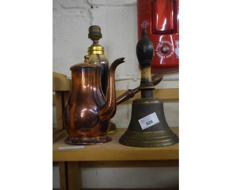 Copper chocolate pot together with a hand bell and lamp base