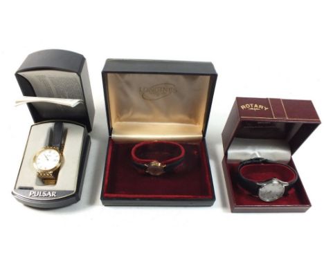 A Rotary gentleman's wrist watch, a Pulsar watch and a Longines ladies watch, all boxed 