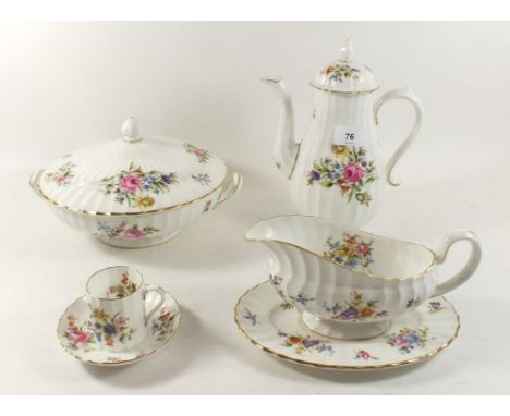 A Royal Worcester Roanoke dinner service printed flowers comprising: two tureens, one meat plate, six 10" dinner plates, six 