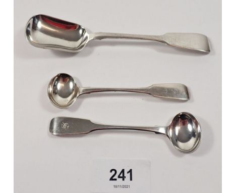 A silver caddy spoon, Exeter 1857, makers mark John Stone and pair of silver salt spoons, Exeter 1840 makers mark Henry M Nor