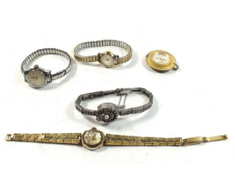 An Art Deco Pondole ladies wrist watch, a Rotary marcasite cocktail watch set with a central pearl plus three others 