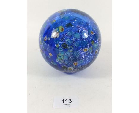 A large Murano end of day paperweight in cobalt blue with inset silver aventurine and scattered millefiori, 12cm high 