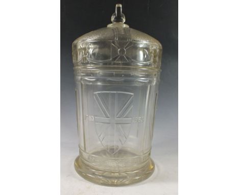 A King George V Silver Jubilee glass biscuit jar circa 1935, 25cm tall